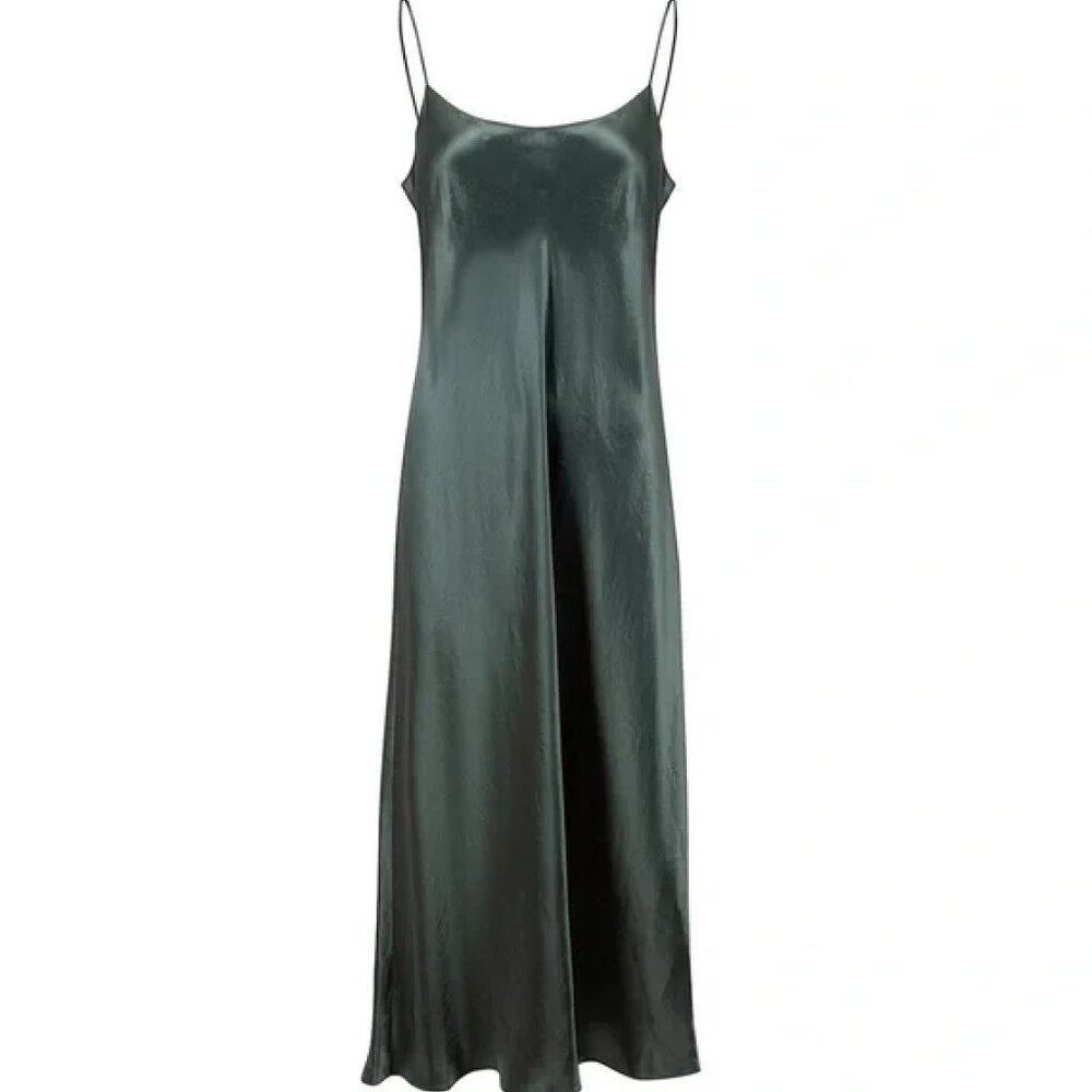 Vince Satin Midi Slip Dress Dark Green, Size XS